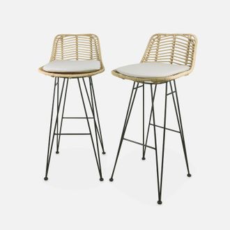 Sweeek Sweeek - Taburete De Bar De Metal Y Rat&aacute;n, Set De 2, Cahya, Natural, 42.5x48x97 Cm