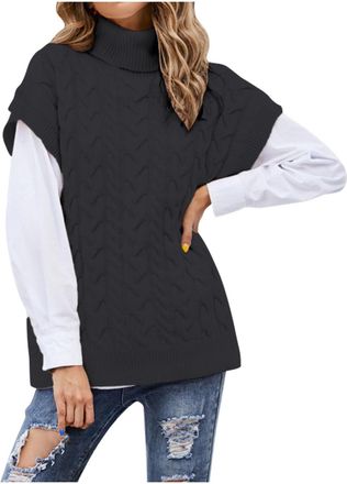 Generic Sleeveless Jumpers for Women UK Elegant Turtleneck Knit Sweater Vest Loose Fit Cable Knitted Tank Tops Soft Comfy Autumn Winter Chunky Sweater Oversiz