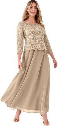 Roaman's Plus Size Sequin Lace Three Quarter Sleeve A-Line Gown in Sparkling Champagne at Nordstrom, Size 30P