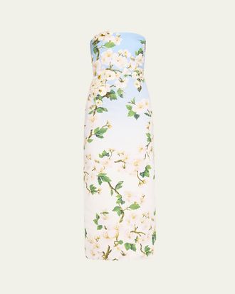 Oscar De La Renta Strapless Cherry Blossom Embroidered Gown