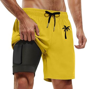 Generic Mens Swimming Shorts 2 in 1 Men with Stretchy Board Inner Lining Trunks Holiday Essentials for Compression Anti-Chafing Mens Beach 4-Way Stretch Runni