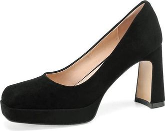 TinaCus Suede Leather Square Toe Handmade Platform High Chunky Heels Stylish Womens Pumps Shoes, Black, 4 UK