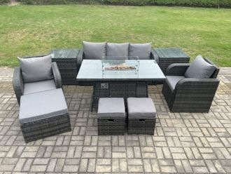 Fimous Wicker Rattan Garden Furniture Sofa set Gas Fire Pit Dining Table Indoor Outdoor with 2 Side Table Chair 3 Footstools in Dark Grey
