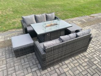 Fimous Garden Patio Furniture Wicker Rattan Gas Fire Pit Table & Sofa set with 2 Big Footstool in Dark Grey