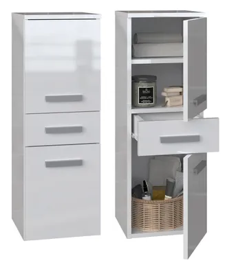 OEM Mueble De Ba&ntilde;o De Una Sola Columna Con Caj&oacute;n Y Puertas, Blanco Mate/blanco Brillante, 30x30x85 Cm - Universal, Funcional, Para Autoensamblaje