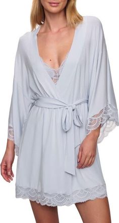 Eberjey Mariana Lace Trim Jersey Robe in Ice Blue at Nordstrom, Size X-Small