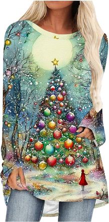 Generic Christmas Sweatshirts for Women Xmas Tree Graphic Long Sleeve Tops Loose Casual T-Shirts Ladies Christmas Jumpers Crewneck Lightweight Comfy Pullover 