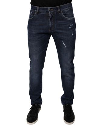 Dolce & Gabbana Mens Dark Blue Cotton Logo Skinny Denim Jeans Polyester Elastane Clothing