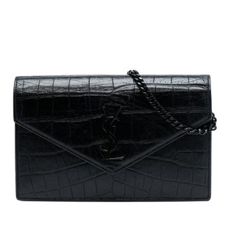 Saint Laurent Pre-owned Womens Croc Embossed Leather Monogram Monochrome Envelope Chain Wallet - Black - One Size