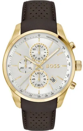 BOSS GRAND PRIX 44 Gold-tone chronograph watch with perforated leather strap