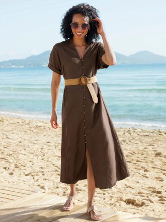 Heine Sommerkleid HEINE Kleid, Damen, Gr. 34, Normalgr&ouml;ssen, schoko, 55% Leinen, 45% Viskose, unifarben, lang, V-Ausschnitt, Kleider Sommerkleid