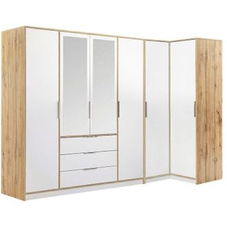 Vente-Unique Armadio angolare 6 ante e 3 cassetti Con specchi L302/311 cm Bianco e naturale - LAMIKI