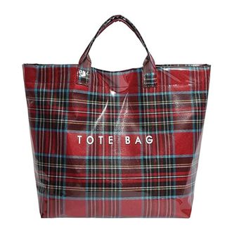 Generic Christmas Red Plaid PVC Tote Bag for Women - Large Vintage Letter Print Plastic Handbag with Top Handle, Spacious Shopping Work Gift (Red-B)