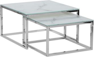 Beliani Conjunto de 2 mesas de centro nido con tablero de vidrio templado blanco efecto mármol marco plateado patas de acero inoxidable Brea