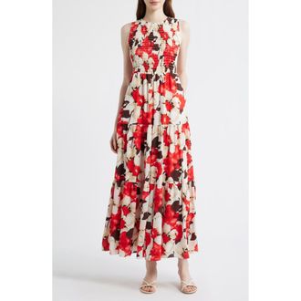 Anne Klein Smocked Bodice Sleeveless Flared Maxi Dress in White Dove Multi at Nordstrom, Size X-Large P