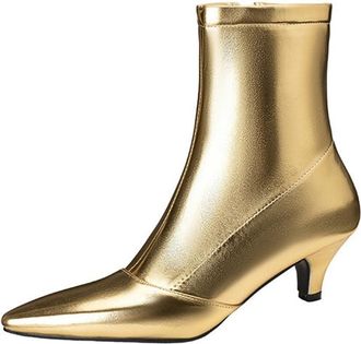 Generic Womens Kitten Heels Ankle Boots Pointed Toe Back Zipper Work Party Dress Shoes (8.5,Gold)