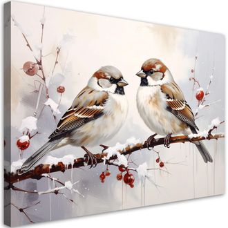 Feeby Cuadro En Lienzo, P&aacute;jaros Posados En Una Rama En Invierno En Color Beige, 120x80