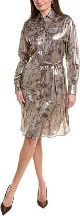 Brunello Cucinelli Womens Metallic Floral Belted Shirt Dress, Size XS