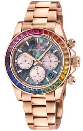 Haurex Womens :Arcobaleno SS/IPRG Case, Multi colored Bezel, Black Dial, Bracelet Watch - Gold - One Size