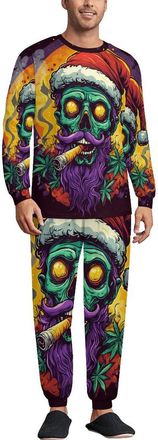 Generic Zombie Smoking Weeds Mens Pajama Sets Crew Neck Long Sleeve Sleepwear Comfortable Top And Bottom for All Seasons