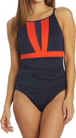 Dolfin Color Block Moderate Boat Neck One Piece Swimsuit In Navy/pop