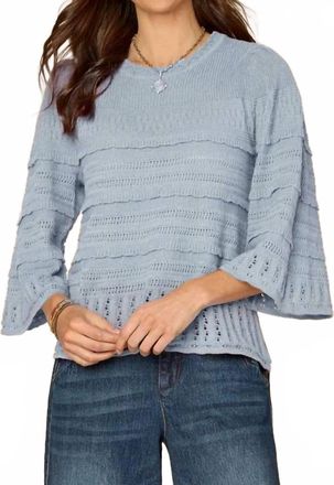 Democracy Quarter Bell Sleeve Sweater With Scallop Edge In Nile Blue