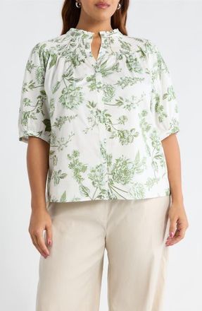 Sugarlips Bria Floral Blossom Smocked Button-Up Top in White Olives at Nordstrom, Size 1 X