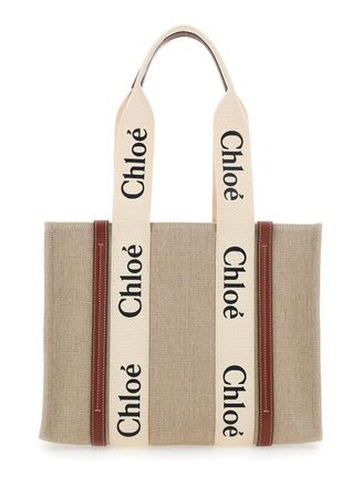 Chlo&eacute; Womens Handbag Woody Medium Beige Linen Tote Bags