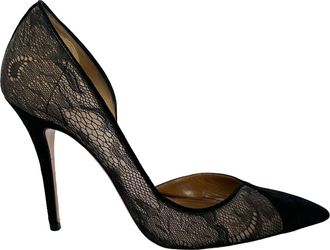 Aquazzura Mesh Lace Trim Embellishment Pumps in Black Suede