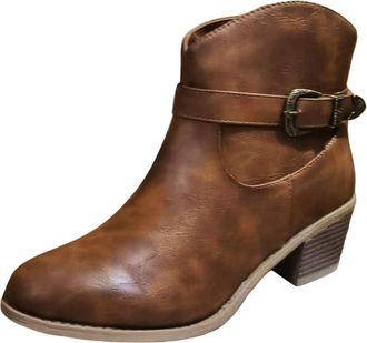 Generic Ladies Solid Color Western Ankle Boots with Comfortable Chunky Mid Heel and Pointed Toe Design for Plus Size Women (Brown, 5.5)
