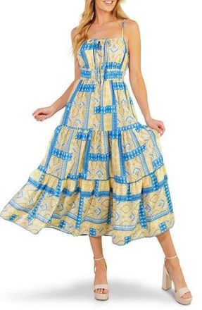 Flying Tomato Patchwork Print Tiered Midi Dress in Blue/Ivory at Nordstrom Rack, Size Medium
