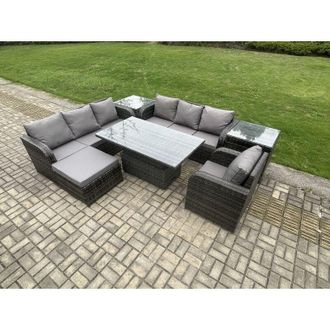 Fimous Outdoor Rattan Garden Furniture Sets Height Adjustable Rising lifting Dining Table Sofa Set with Reclining Chair Side Table Dark Grey Mixed - Fimous