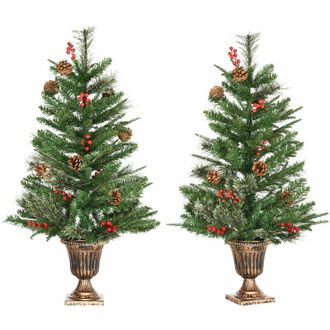 HOMCOM Juego De 2 Piezas De &Aacute;rbol De Navidad Artificial 90 Cm Con Maceta Ign&iacute;fugo Con 110 Ramas 10 Bayas 8 Pi&ntilde;as Y Hojas De Pvc Decoraci&oacute;n Navide&ntilde;a