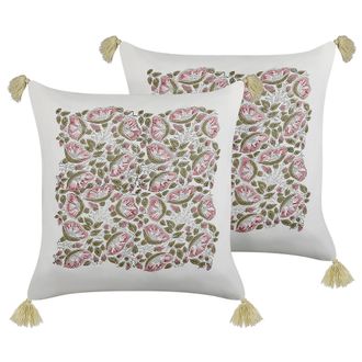 Beliani Conjunto De 2 Cojines De Algod&oacute;n Blanco Rosa Verde 45 X 45 Cm A Mano Carissa
