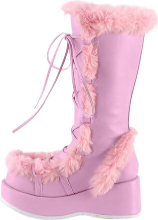 Generic Round Toe Sloping Heel Lace Up Snow Boots Hairy Lace Up Thick Heel High Gothic Thick Soled Boots(Pink,US12)