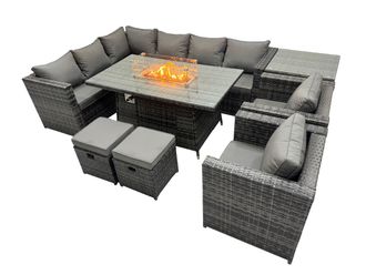 Fimous Rattan Garden Furniture Dining Set 10-seater with 2 Stool Side Table in Dark Grey