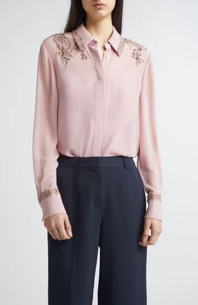 Jason Wu Lace Trim Georgette Button-Up Shirt in Peony at Nordstrom, Size 10