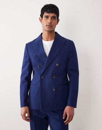Asos Giacca da abito doppiopetto slim in misto lino blu navy