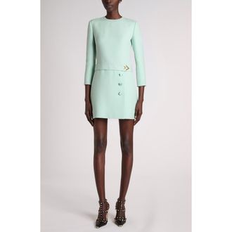 Valentino Garavani Belted VLOGO Wool & Silk Crepe Couture Minidress in Green at Nordstrom, Size 38