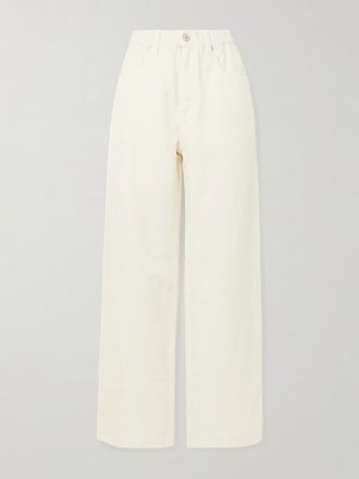 Brunello Cucinelli Pantaloni A Gamba Larga In Misto Cotone E Lino Con Perline - Bianco