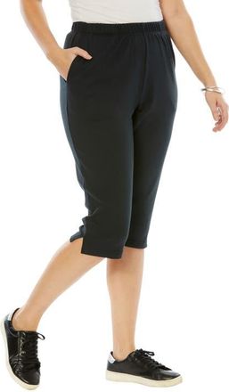 Roaman's Plus Size Soft Knit Relaxed Pull On Capri Pant in Black at Nordstrom, Size Medium