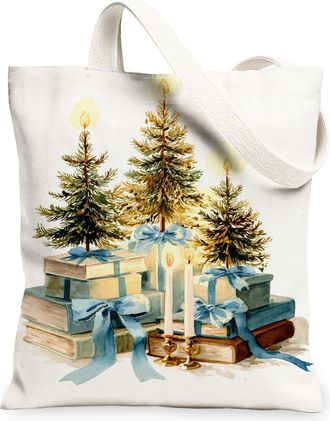 Generic Christmas Trees Canvas Tote Bags, Artistic Holiday Plant Design Reusable Grocery Bags, Vintage Lightweight Washable Shoulde, White, 13x15 Inch