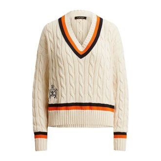 Ralph Lauren V-neck Knitwear, female, Beige, Size: L Tedurph Long Sleeve Pullover