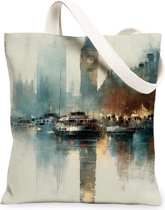 Generic Cityscape Canvas Tote Bags, Urban Design Reusable Grocery Bags, Summer Vintage Lightweight Washable Shoulder Strap Canvas F, Multicolor, 13x15 Inch
