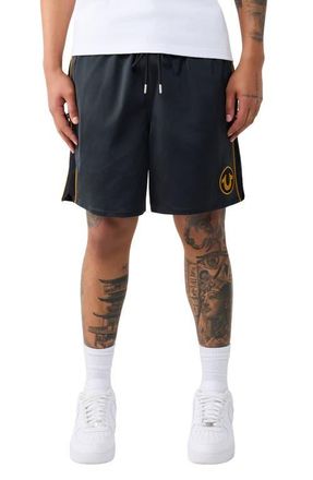 True Religion Mesh Block Satin Drawstring Shorts in Jet Black at Nordstrom, Size Xxx-Large