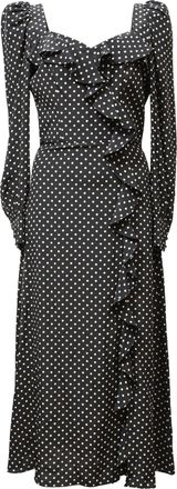 Alessandra Rich Ruffled Polka Dot Midi Dress in Black Silk