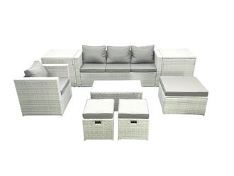 Fimous 8 Pieces Rattan Garden Furniture Set Outdoor Garden Sofa Chair Coffee Table Set with 2 Side Tables 3 Footstools Light Grey Mixed