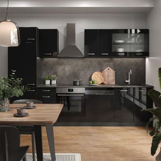 Vicco Mueble De Cocina R-line, Negro/antracita De Alto Brillo, 300 Cm Sin Encimera