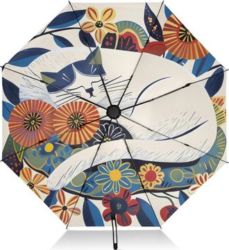 Alaza Umbrellas for Rain Sun Outdoor, Automatic Folding Umbrella Windproof Strong, Large Anti-UV Compact Umbrella Black Outside Art Cat and Flowers Travel U