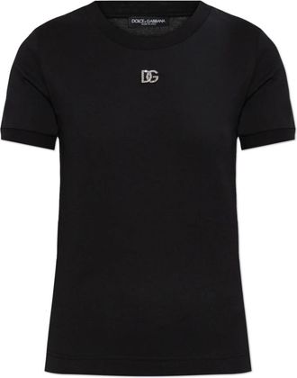 Dolce & Gabbana T-shirt met glinsterend logo - Dames - T-shirts - Zwart - L - Katoen - Tops